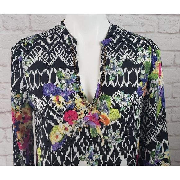 Nicole by Nicole Miller Miller Floral V-Neck Tunic/Top w/Roll Tab Sleeves~Medium - Picture 3 of 8